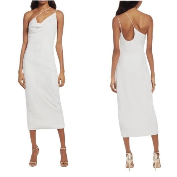 MISHA Saira Slinky Asymmetrical Drape Midi Dress in White NWOT - Picture 3 of 9